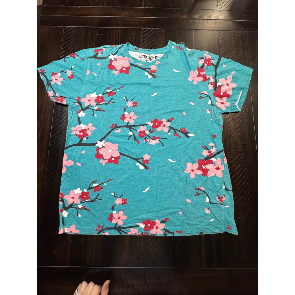 Knickerbocker Teal Cherry Blossom Sakura Print T-Shirt Large Women Pink Floral